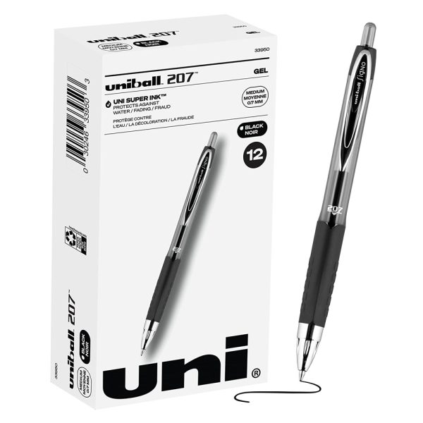 Uni-ball Signo 207 Gel Pen 12 Pack, 0.7mm Medium Black Pens