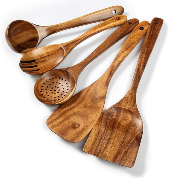 Wooden Kitchen Utensils Set, 5 PCs Natural Acacia Wooden Cooking Spoons Set