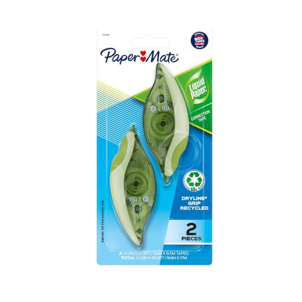 Paper Mate Liquid Paper DryLine Grip Correction Tape, Recycled, 2 Count